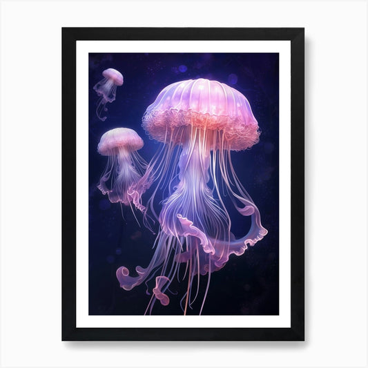 Lions Mane Jellyfish Neon Illustrat Framed Wall Art Poster Canvas Print Picture