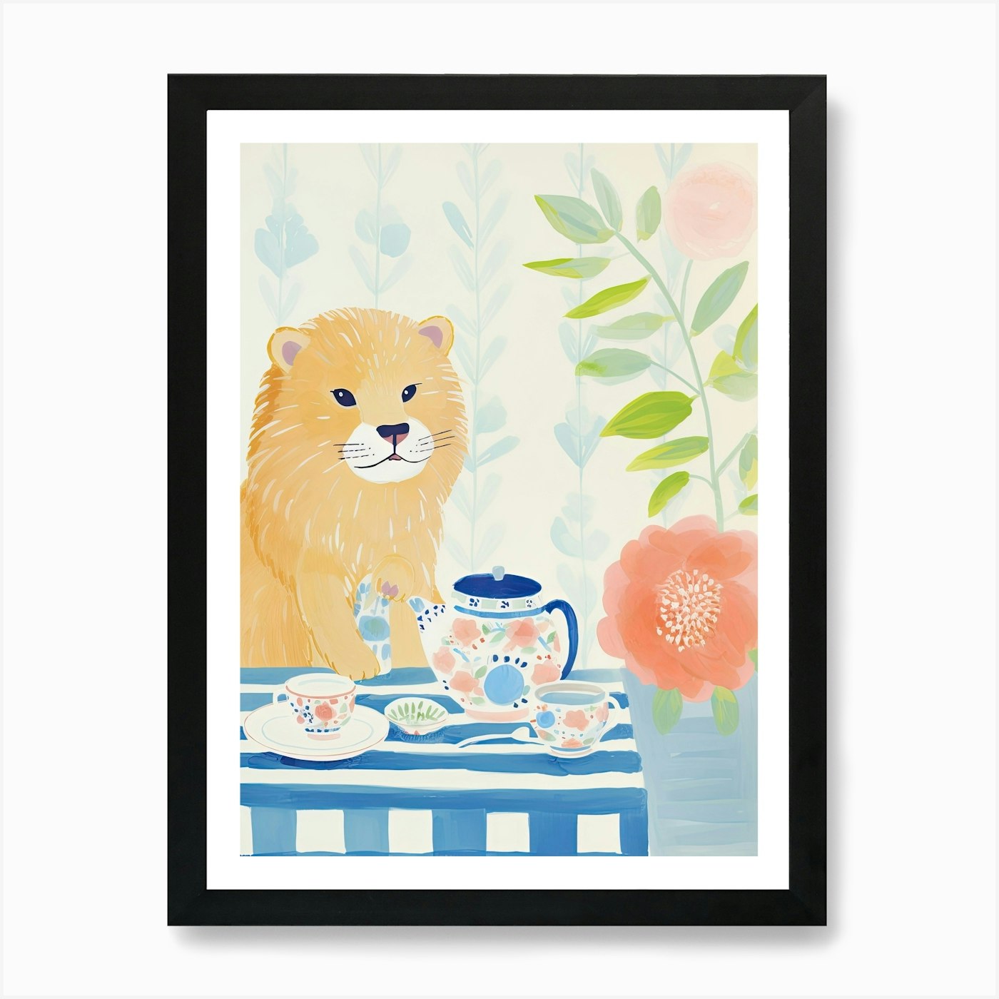 Animals Having Tea Lion 2 Art Print Framed Wall Art Poster Canvas Print Picture