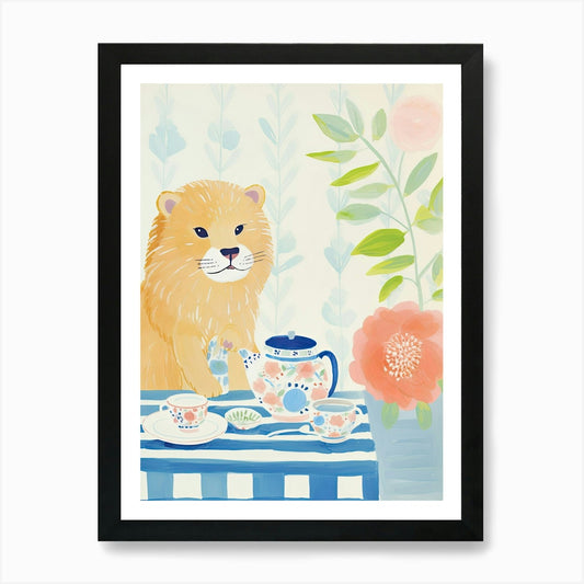Animals Having Tea Lion 2 Art Print Framed Wall Art Poster Canvas Print Picture