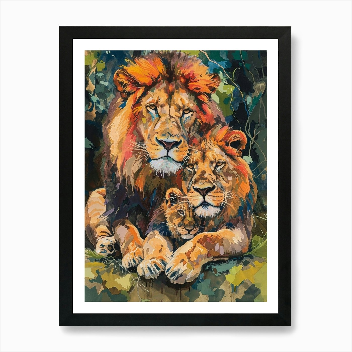 Asiatic Lion Family Bonding Fauvist Framed Wall Art Poster Canvas Print Picture