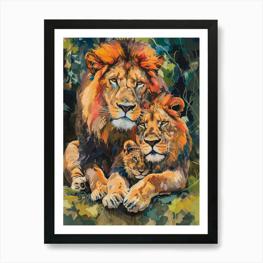 Asiatic Lion Family Bonding Fauvist Framed Wall Art Poster Canvas Print Picture
