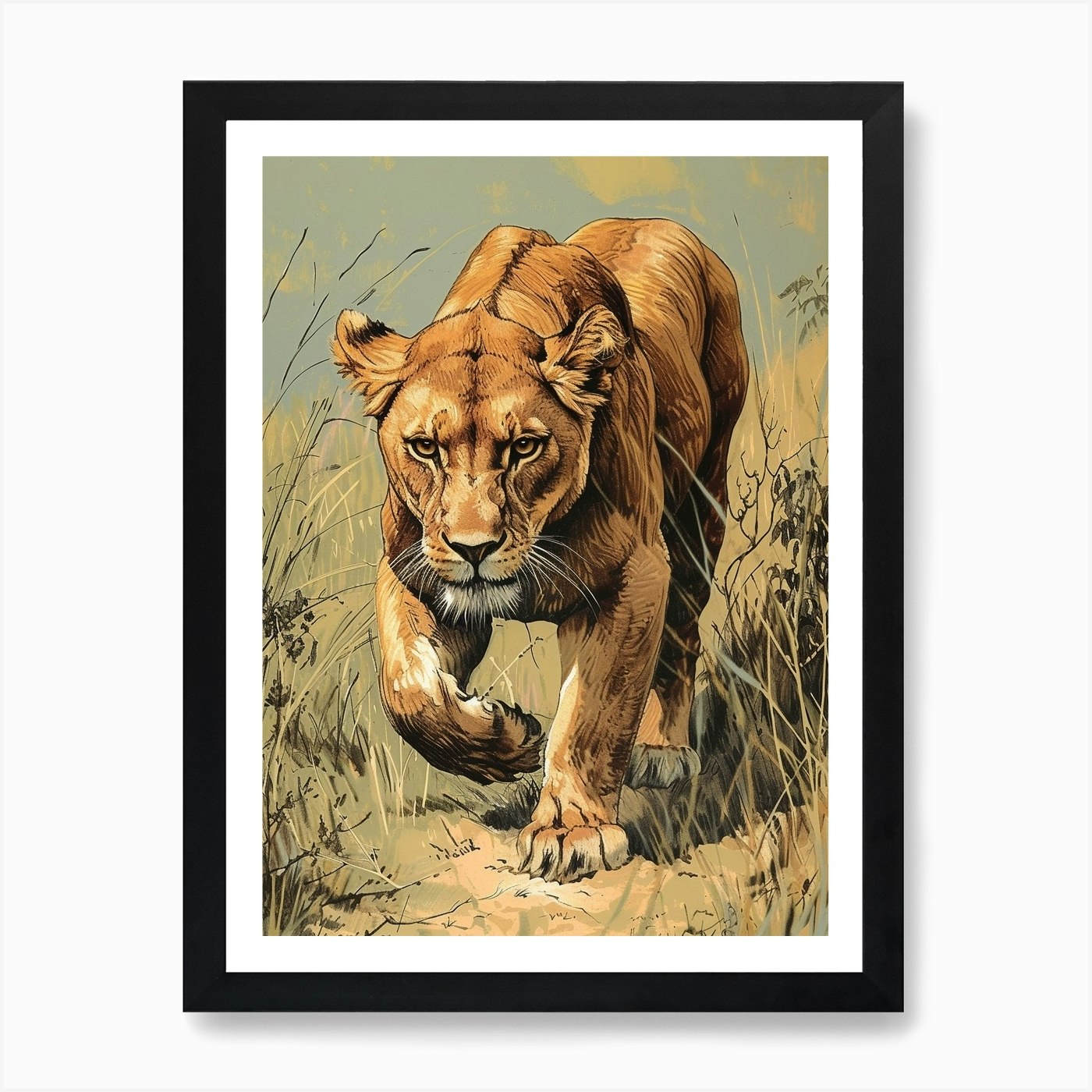 African Lion Relief Illustration Li Framed Wall Art Poster Canvas Print Picture