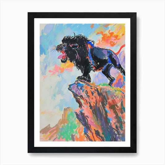 Black Lion Roaring On A Cliff Fauvi Framed Wall Art Poster Canvas Print Picture