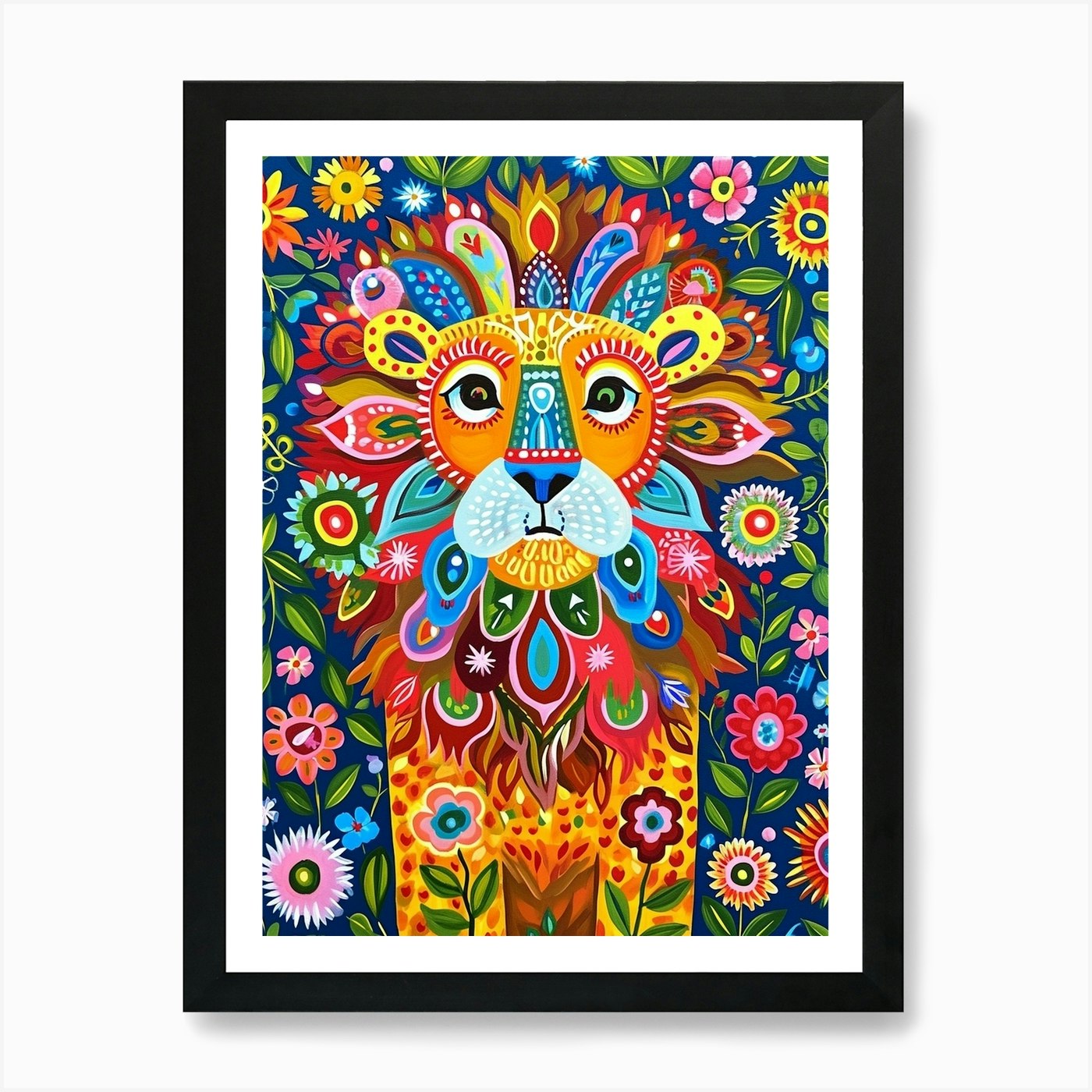 Folk Pattern Lion 2 Art Print Framed Wall Art Poster Canvas Print Picture