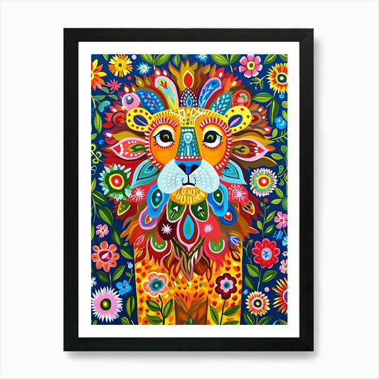 Folk Pattern Lion 2 Art Print Framed Wall Art Poster Canvas Print Picture