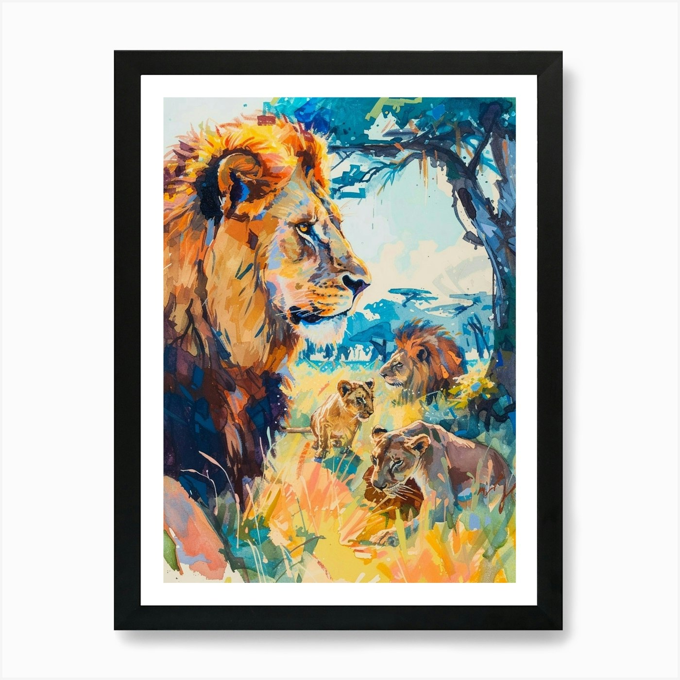 Masai Lion Interaction With Other W Framed Wall Art Poster Canvas Print Picture
