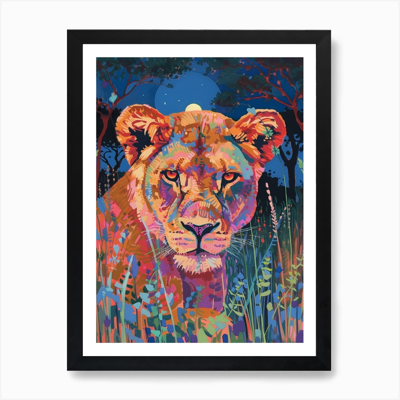 Southwest African Lion Night Hunt F Framed Wall Art Poster Canvas Print Picture