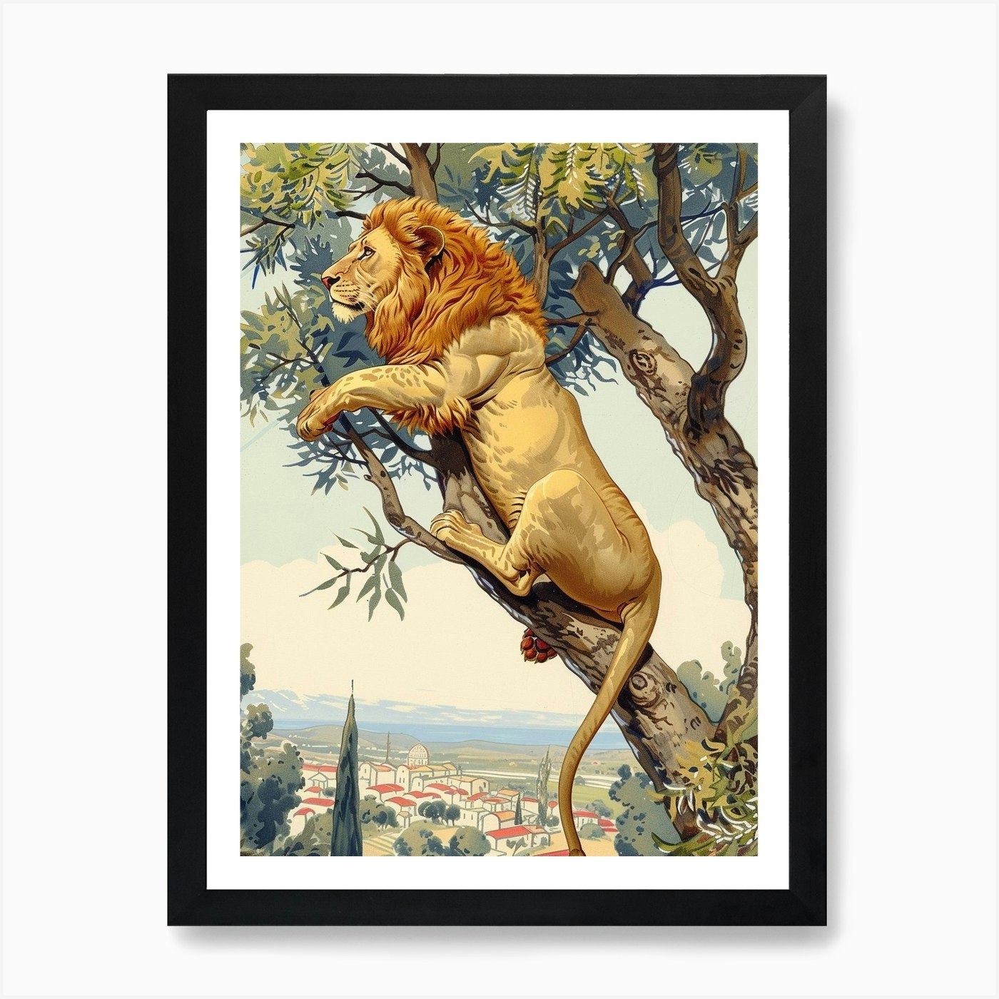 Barbary Lion Climbing A Tree Illust Framed Wall Art Poster Canvas Print Picture