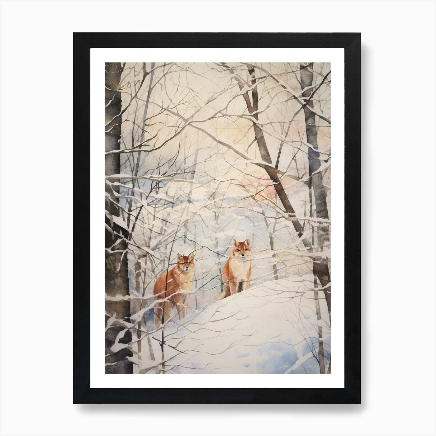 Winter Watercolour Mountain Lion 2  Framed Wall Art Poster Canvas Print Picture