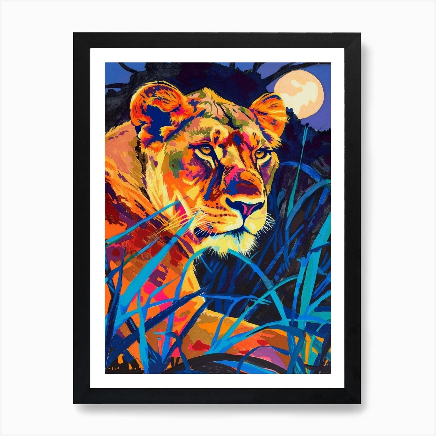 Southwest African Lion Night Hunt F Framed Wall Art Poster Canvas Print Picture