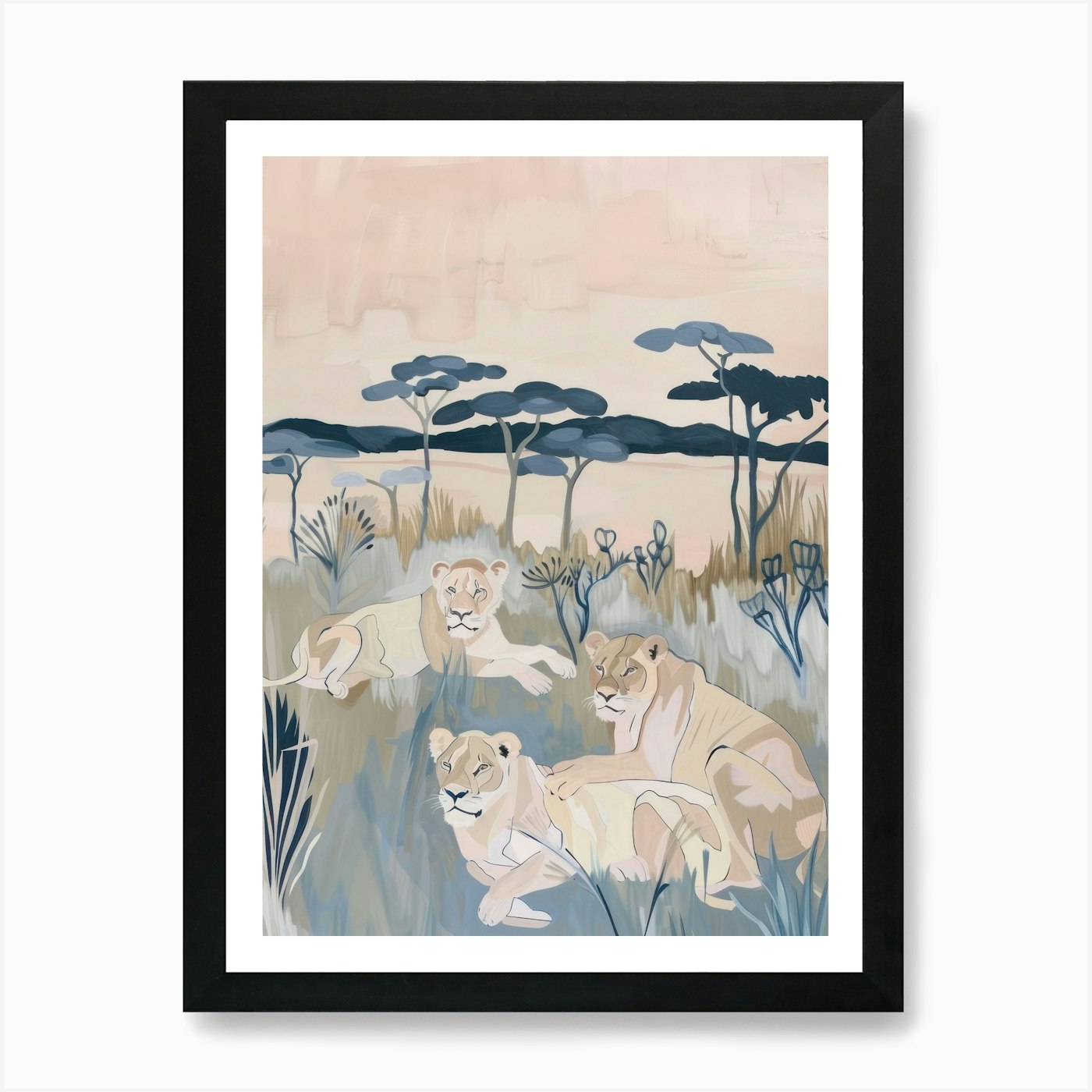 Lions Pastels Jungle Illustration 2 Framed Wall Art Poster Canvas Print Picture