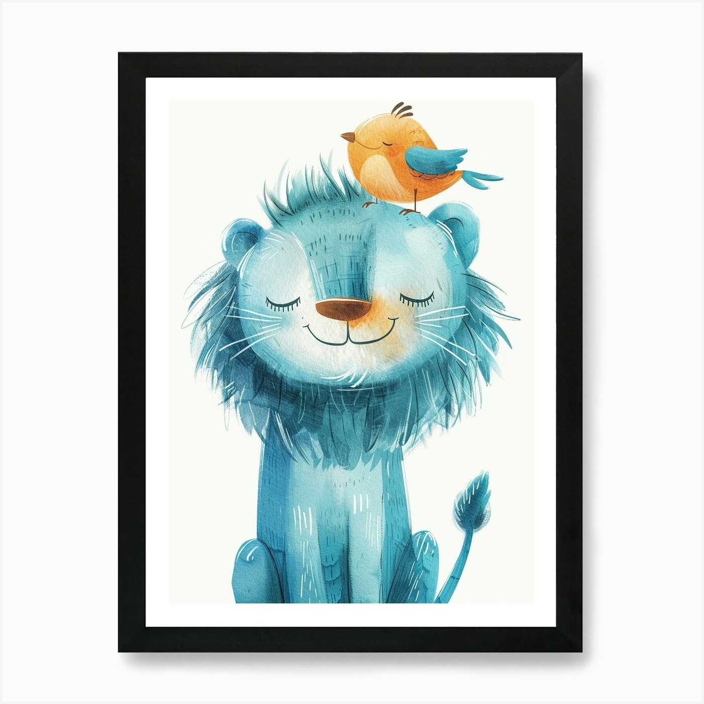 Small Joyful Lion With A Bird On It Framed Wall Art Poster Canvas Print Picture