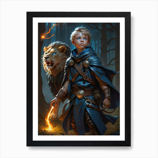 Boy Warrior with Lion. Leonardo Lio Framed Wall Art Poster Canvas Print Picture