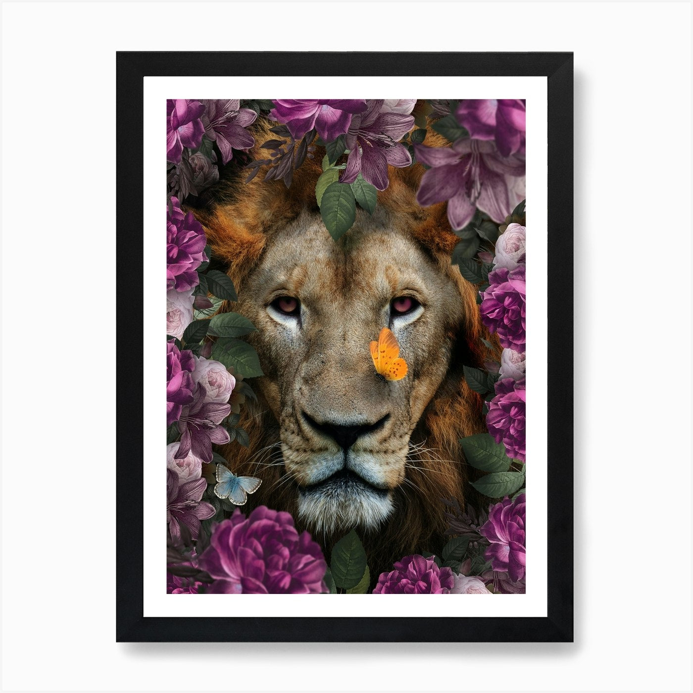 Lion With Flowers Art Print Framed Wall Art Poster Canvas Print Picture