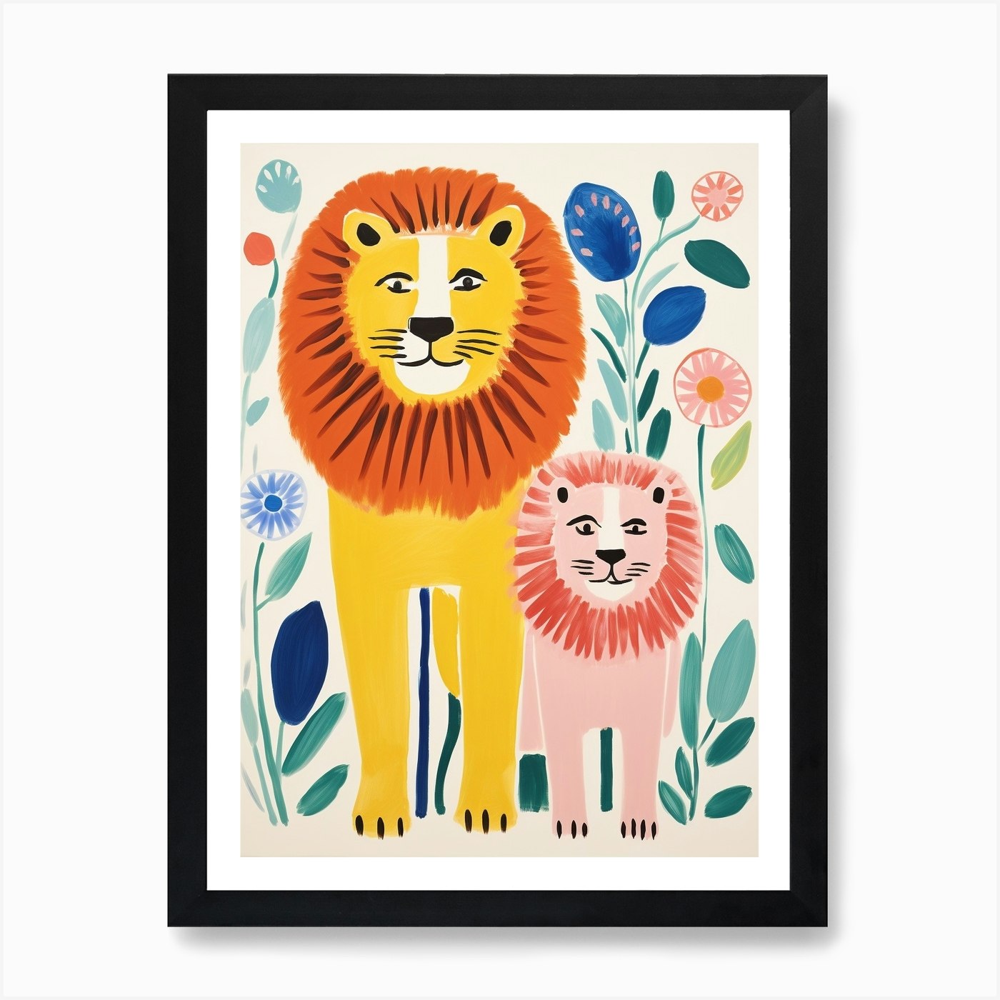 Colourful Kids Animal Art Lion 10 A Framed Wall Art Poster Canvas Print Picture