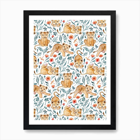 Little Lion Cubs And Flowers In Wat Framed Wall Art Poster Canvas Print Picture