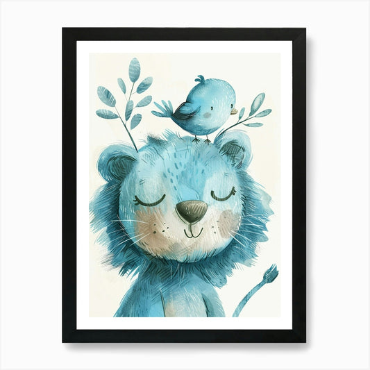 Small Joyful Lion With A Bird On It Framed Wall Art Poster Canvas Print Picture