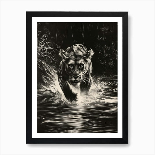 African Lion Charcoal Drawing Cross Framed Wall Art Poster Canvas Print Picture