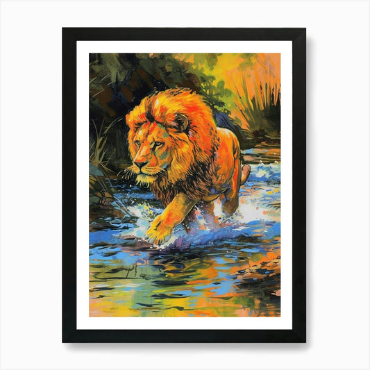 Asiatic Lion Crossing A River Fauvi Framed Wall Art Poster Canvas Print Picture