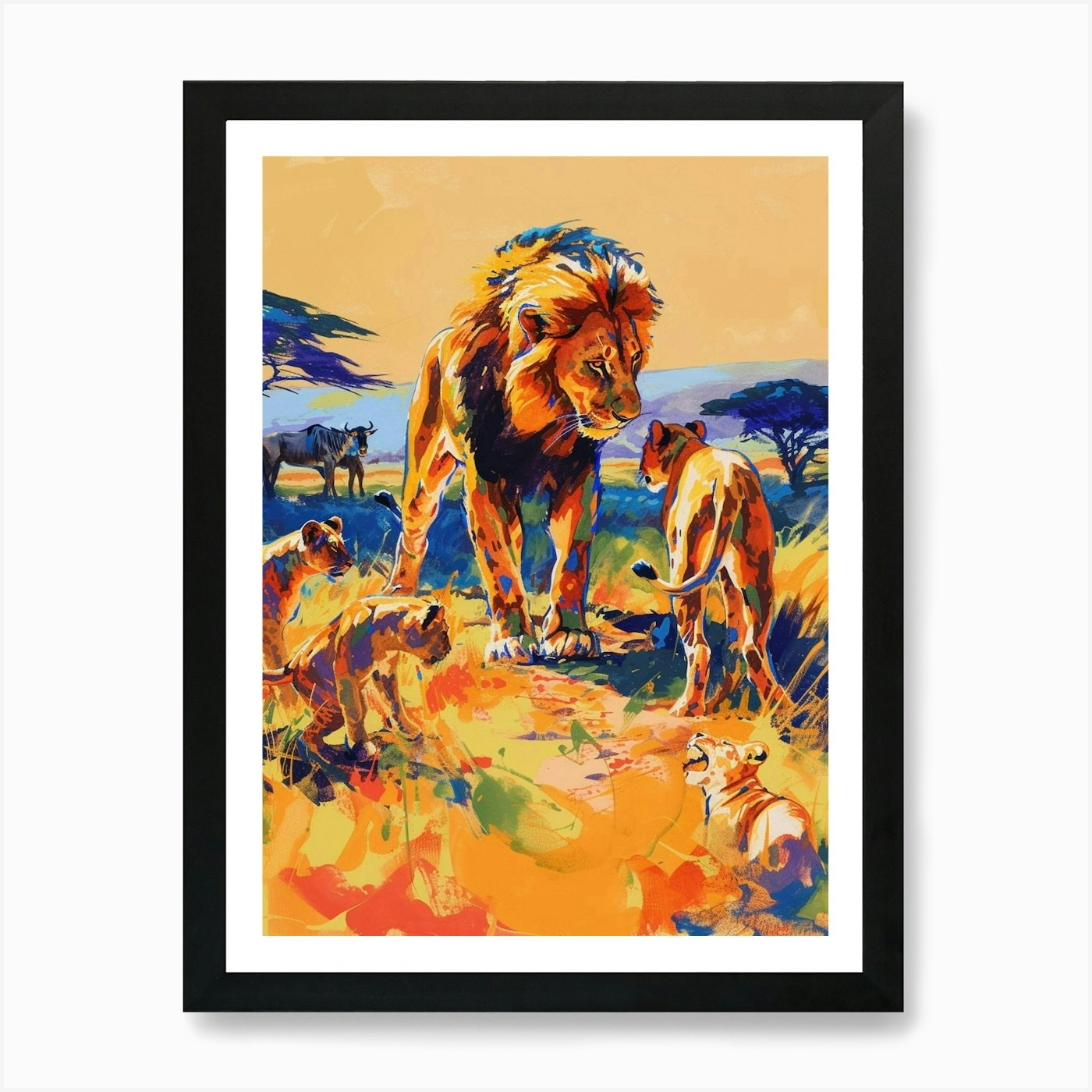Masai Lion Interaction With Other W Framed Wall Art Poster Canvas Print Picture