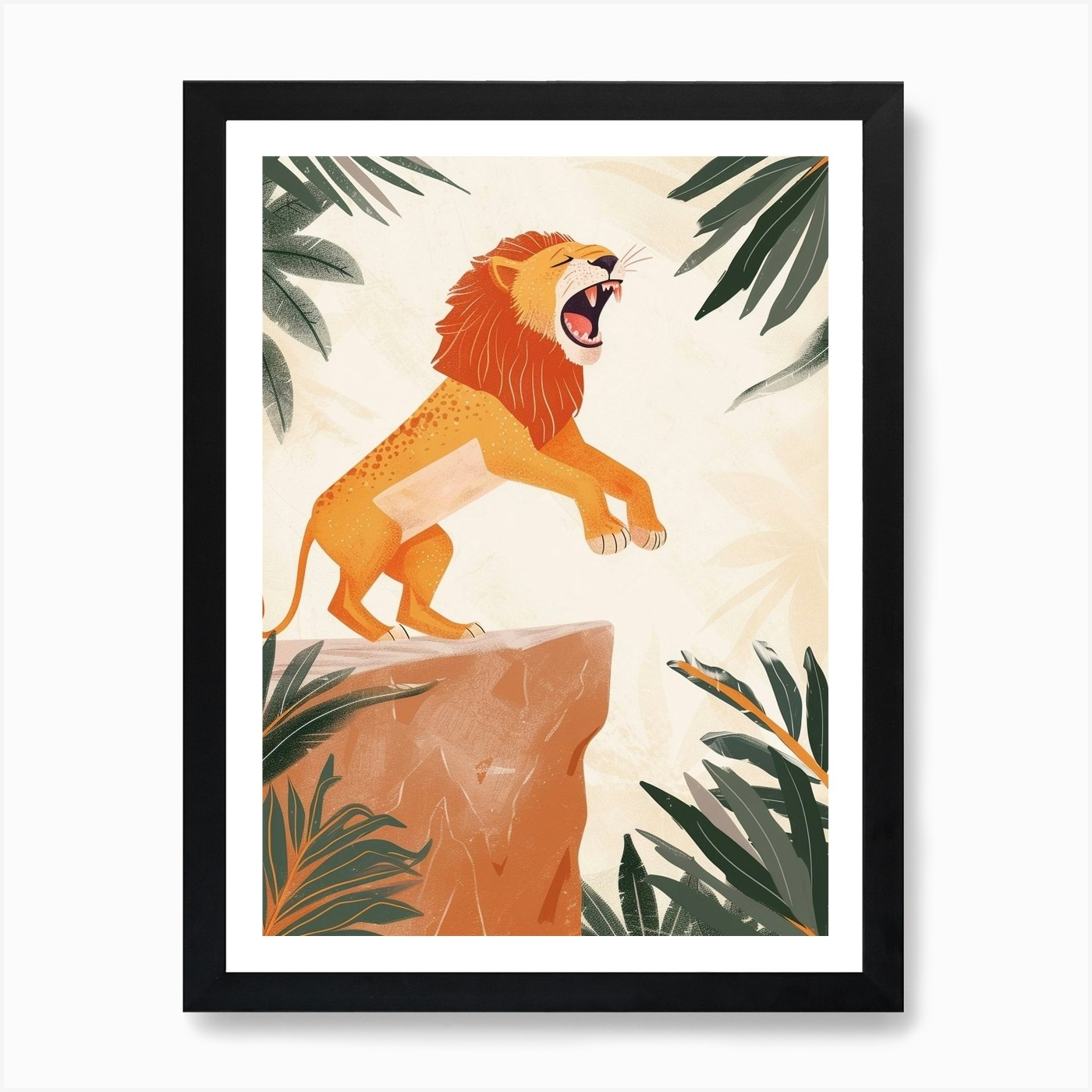 African Lion Roaring On A Cliff Ill Framed Wall Art Poster Canvas Print Picture