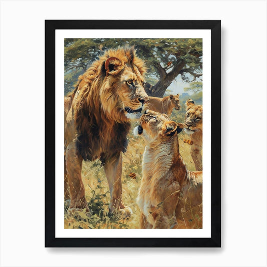 African Lion Interaction With Other Framed Wall Art Poster Canvas Print Picture
