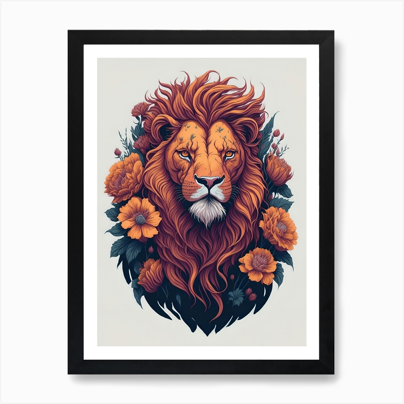 Lion Head With Flowers Art Print Framed Wall Art Poster Canvas Print Picture