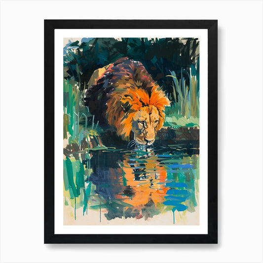 Masai Lion Drinking From A Watering Framed Wall Art Poster Canvas Print Picture