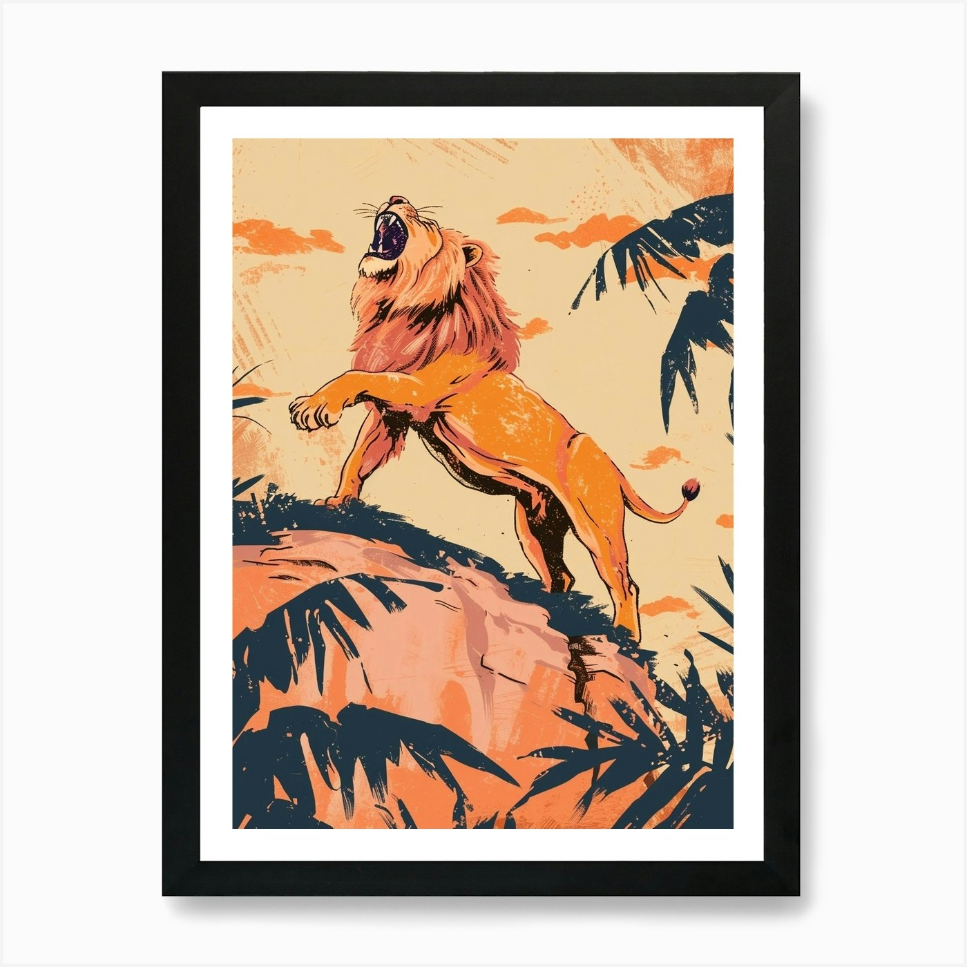 African Lion Roaring On A Cliff Ill Framed Wall Art Poster Canvas Print Picture