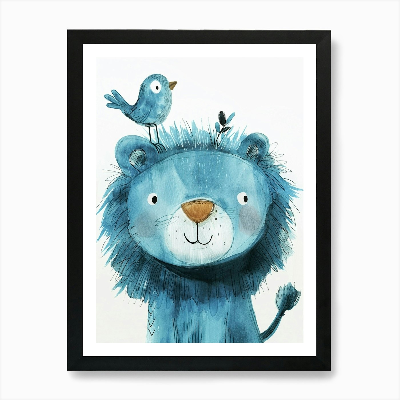 Small Joyful Lion With A Bird On It Framed Wall Art Poster Canvas Print Picture