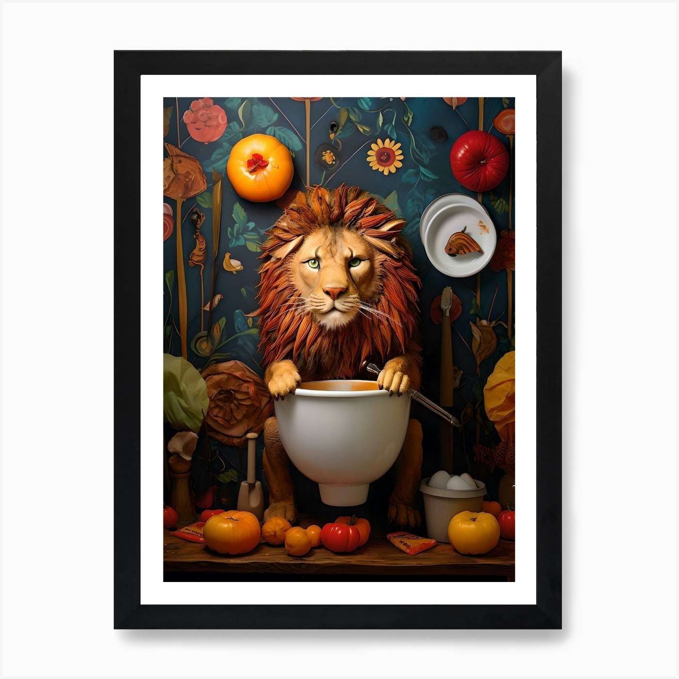 Hunzinator Lion On Toilet Art Print Framed Wall Art Poster Canvas Print Picture