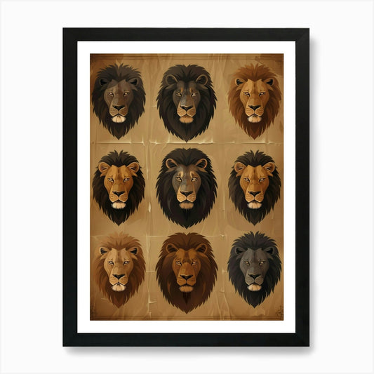 Set Of Lion Heads Vector Art Print Framed Wall Art Poster Canvas Print Picture