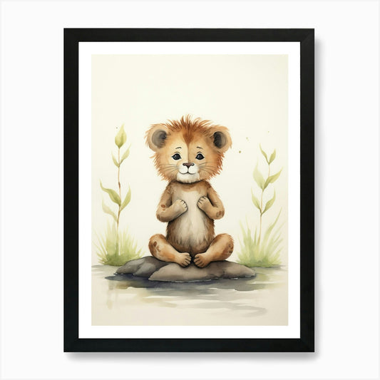 Practicing Yoga Watercolour Lion Ar Framed Wall Art Poster Canvas Print Picture