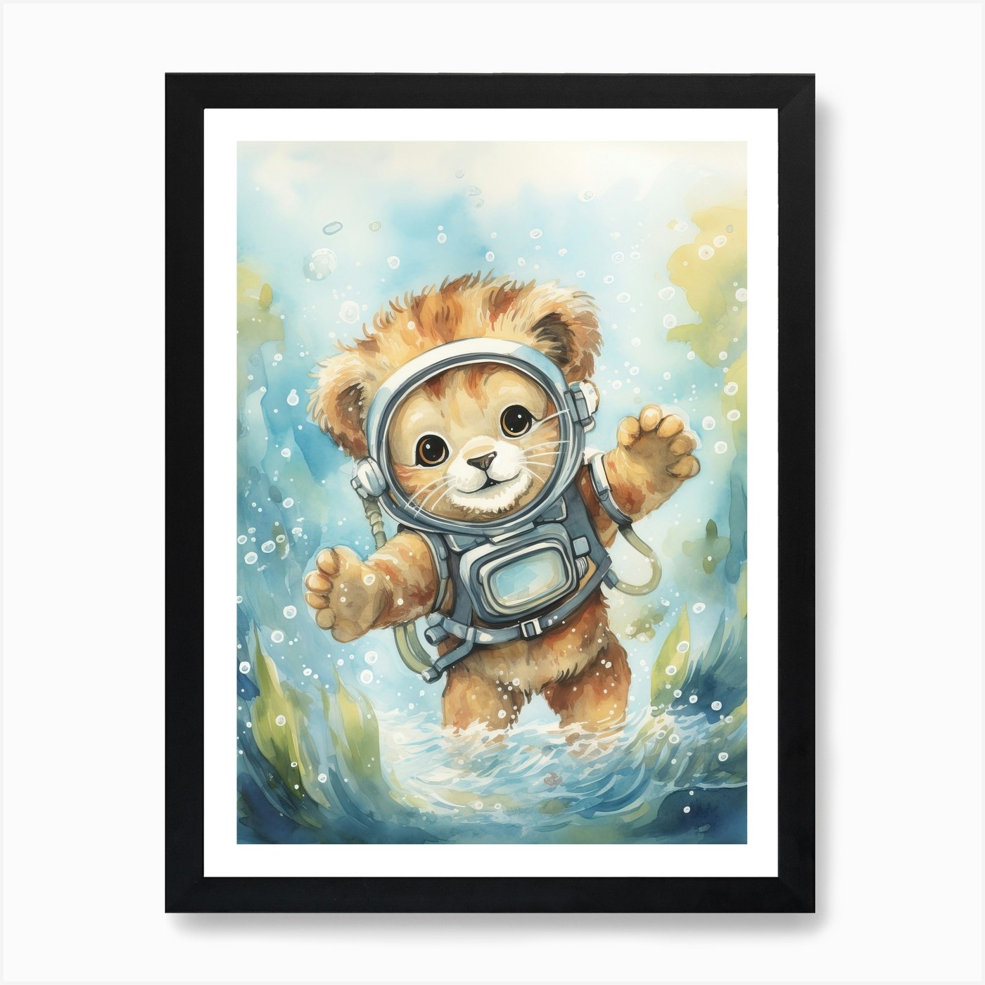 Scuba Diving Watercolour Lion Art P Framed Wall Art Poster Canvas Print Picture