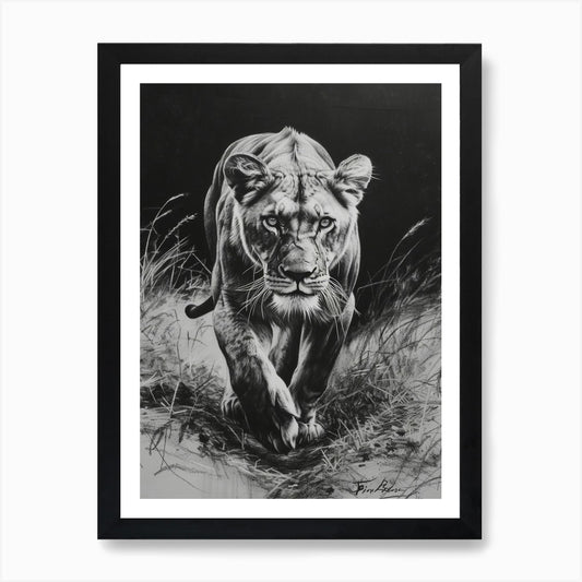 Barbary Lion Charcoal Drawing Lione Framed Wall Art Poster Canvas Print Picture