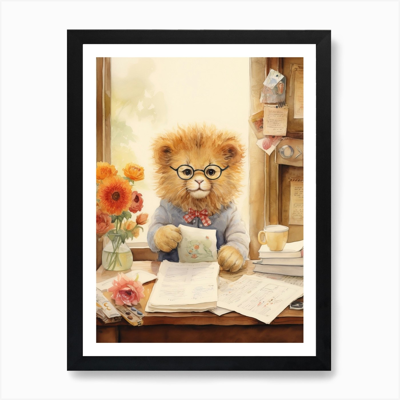 Collecting Stamps Watercolour Lion  Framed Wall Art Poster Canvas Print Picture