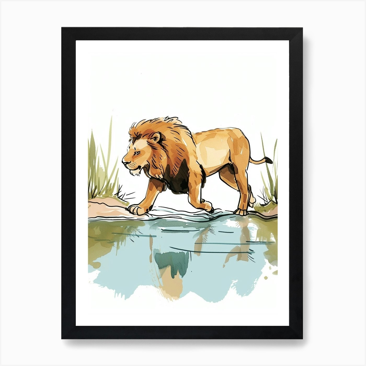 Barbary Lion Crossing A River Clipa Framed Wall Art Poster Canvas Print Picture