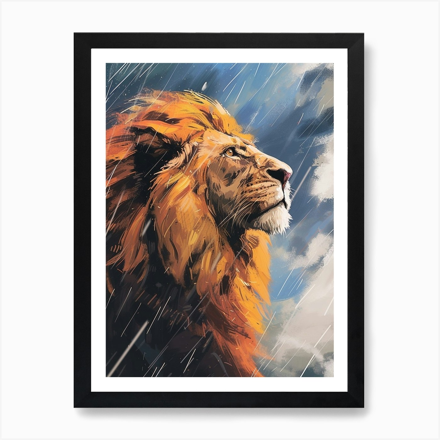An African Lion Facing A Storm Acry Framed Wall Art Poster Canvas Print Picture