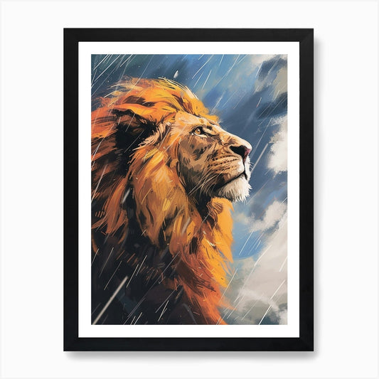 An African Lion Facing A Storm Acry Framed Wall Art Poster Canvas Print Picture