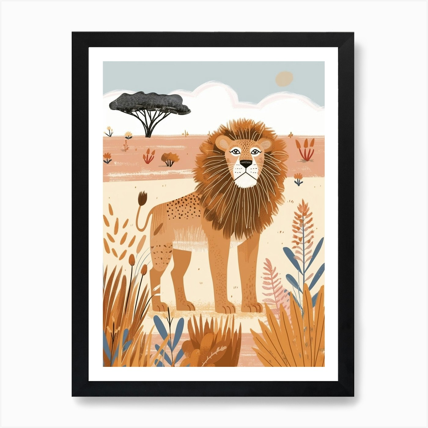African Lion Hunting In The Savanna Framed Wall Art Poster Canvas Print Picture
