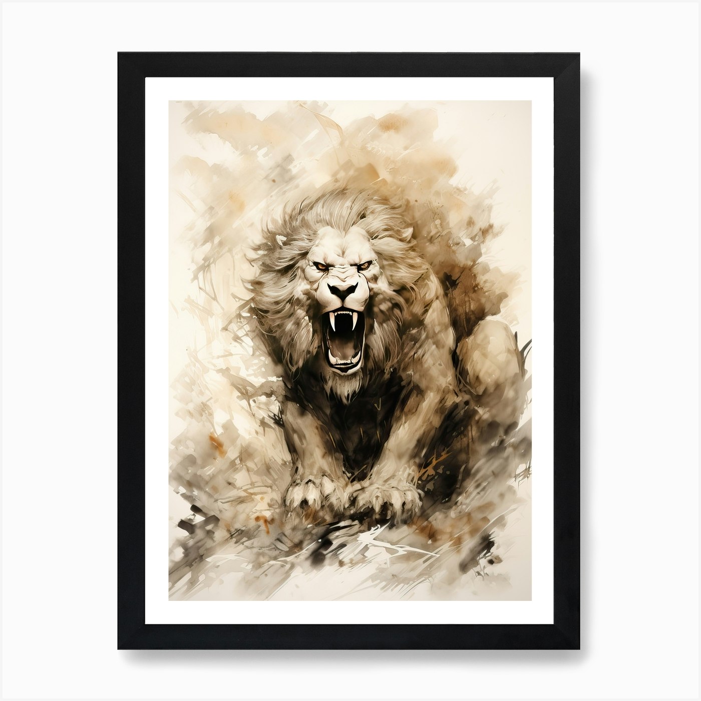 Lion Art Painting Japanese Ink Styl Framed Wall Art Poster Canvas Print Picture