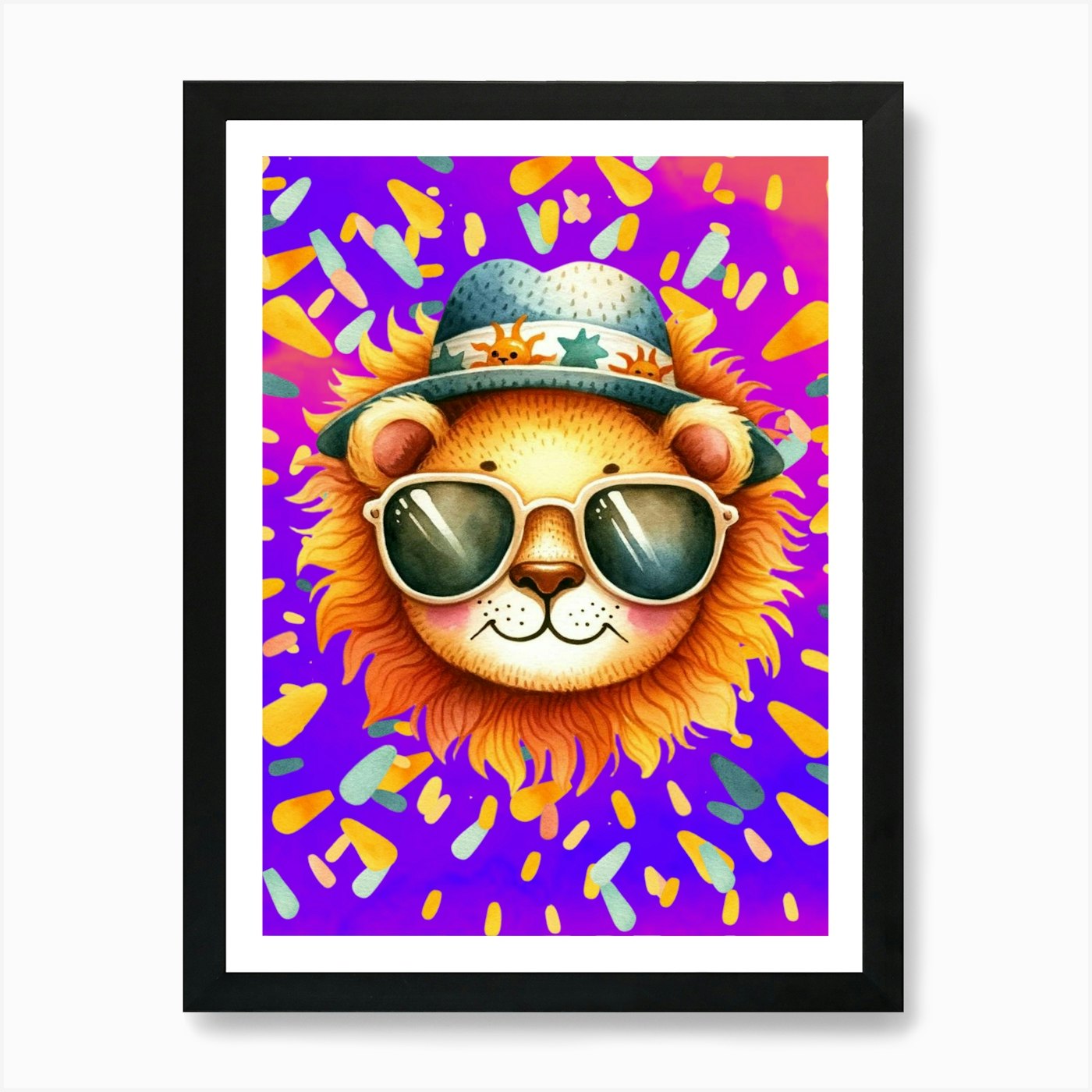 Kids Art Animal Art Lion In Sunglas Framed Wall Art Poster Canvas Print Picture