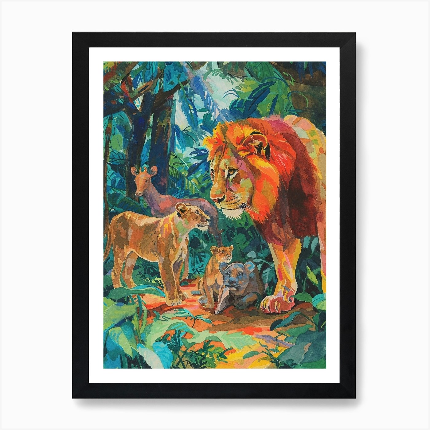 Asiatic Lion Interaction With Other Framed Wall Art Poster Canvas Print Picture
