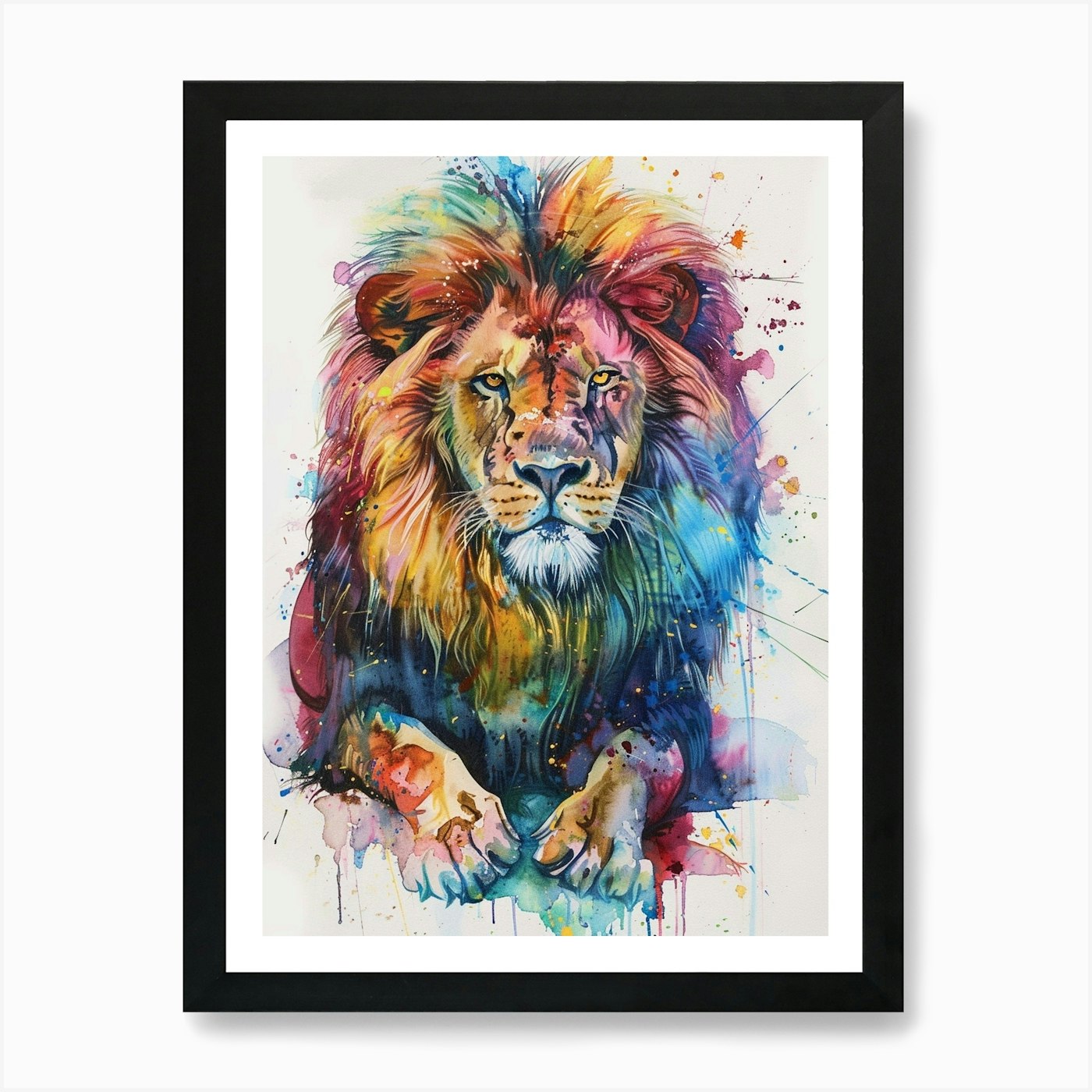 Lion Colourful Watercolour 3 Art Pr Framed Wall Art Poster Canvas Print Picture