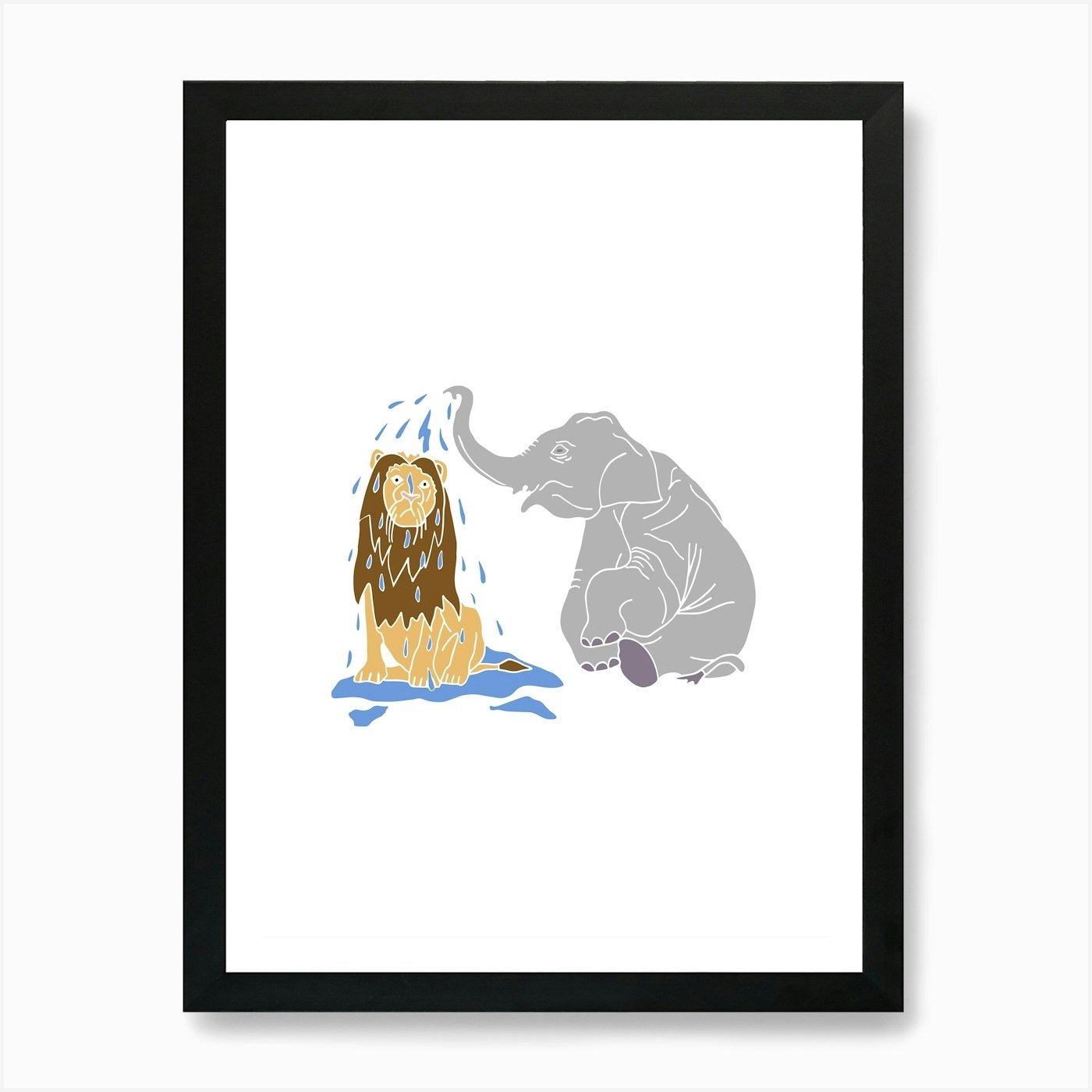 Elephant Showering A Lion With Trun Framed Wall Art Poster Canvas Print Picture