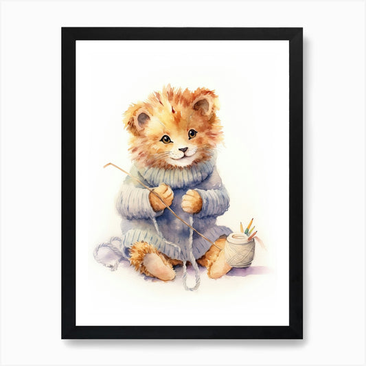 Knitting Watercolour Lion Art Paint Framed Wall Art Poster Canvas Print Picture
