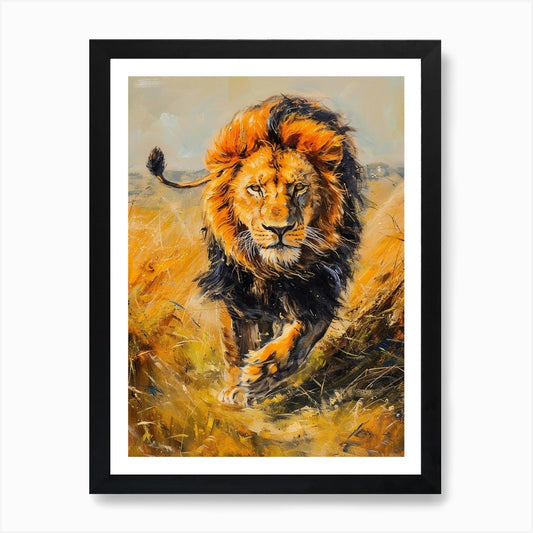 African Lion Hunting Acrylic Painti Framed Wall Art Poster Canvas Print Picture