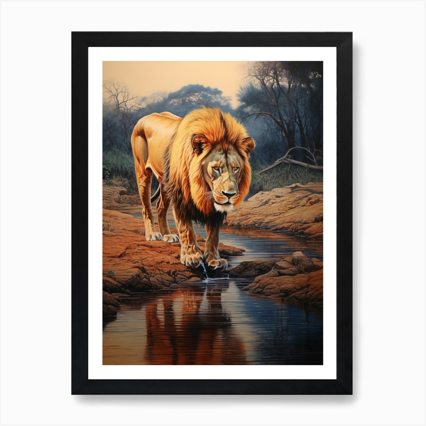 African Lion Drinking From A Stream Framed Wall Art Poster Canvas Print Picture