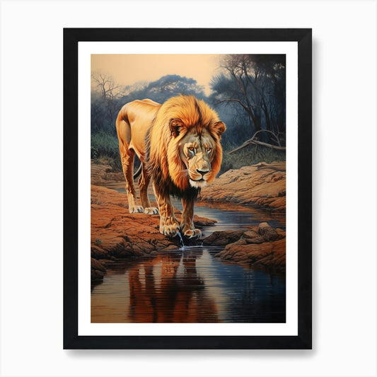 African Lion Drinking From A Stream Framed Wall Art Poster Canvas Print Picture