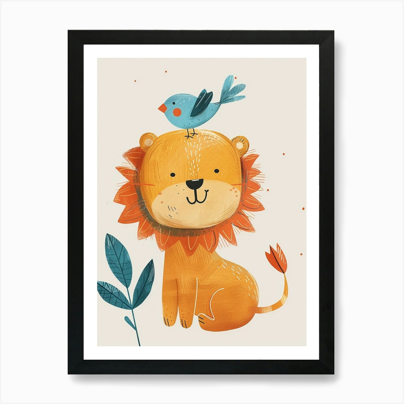 Small Joyful Lion With A Bird On It Framed Wall Art Poster Canvas Print Picture